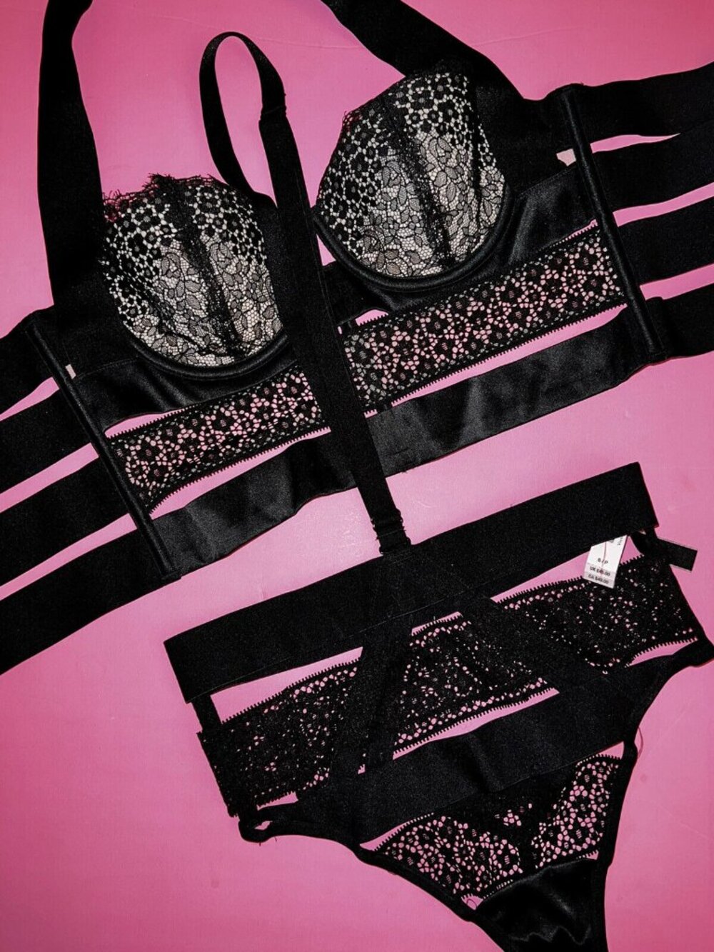 NWT Balconet Victoria's Secret black caged long line halter bra top 32D panties